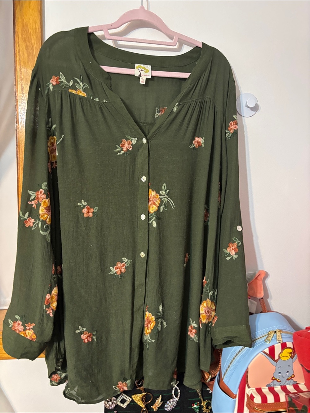 fig and flower Olive Green Floral Button-Front Tunic Top